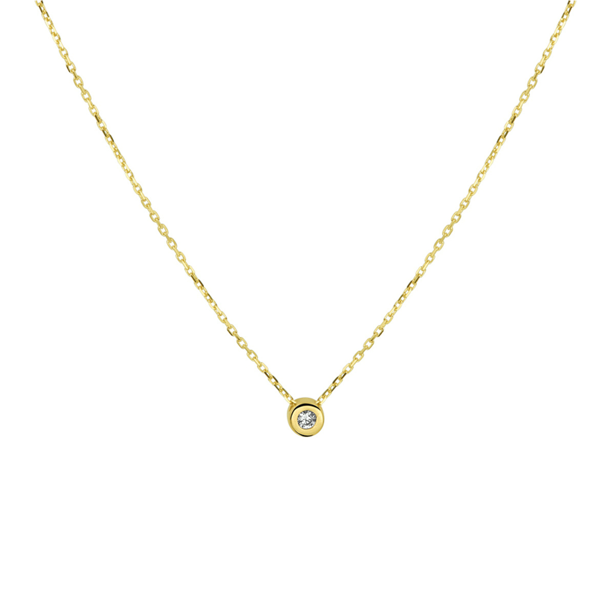 Klassiek 14k geelgouden 1mm anker collier met draaglengtes van 42cm 44cm en 46cm uitgevoerd met een briljant geslepen zirkonia in in zetkast van 4.5mm. Door het simplistische model is dit collier perfect te combineren met andere sieraden. Tip: Combineer dit collier met andere sieraden uit onze collectie of met sieraden vanuit je eigen stash en creeer zo elke keer weer een nieuwe look!