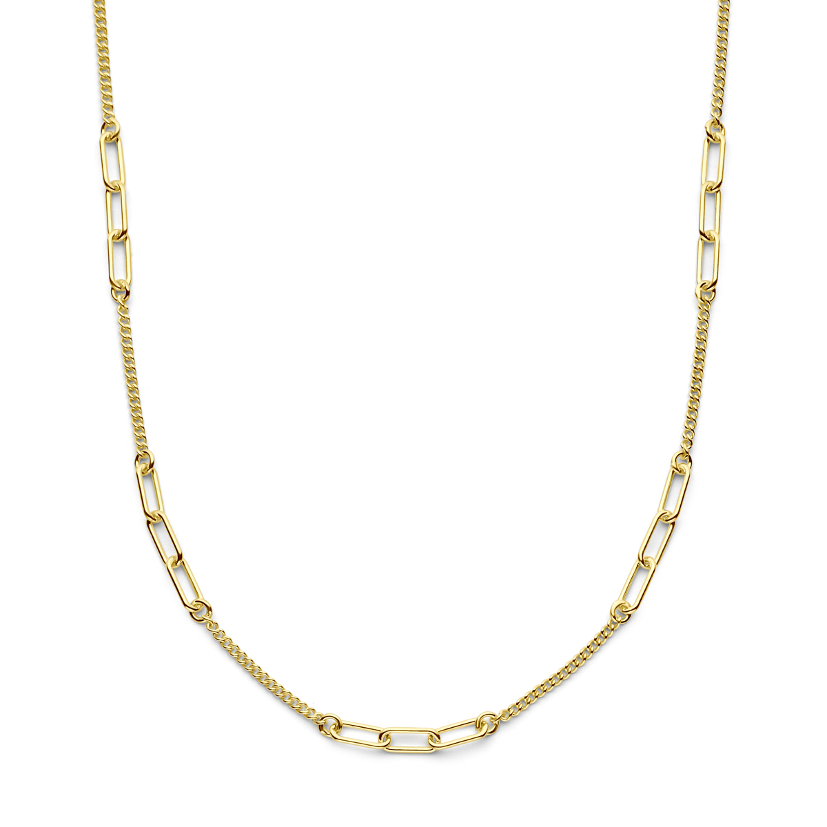 Verguld op 925 zilveren collier uitgevoerd met karabijn sluiting. Het collier heeft een draaglengte van 40cm met 5cm extensie. De schakelbreedtes zijn 1.8 en 3.6mm. Geen garantie op de plating.