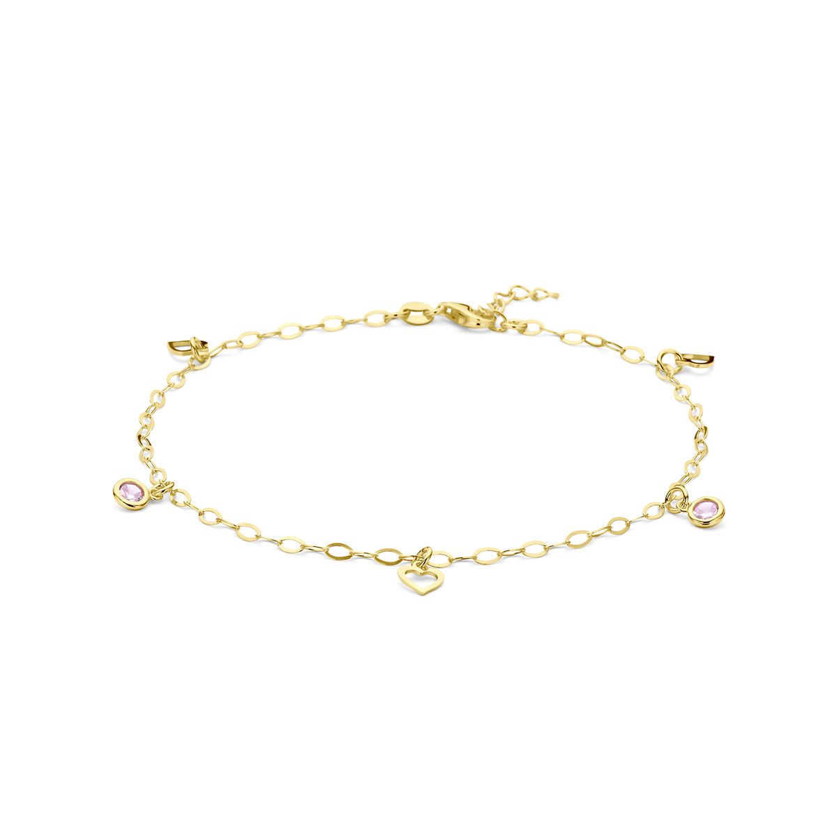 Verguld op 925 zilveren enkelbandje met hartjes en roze zirkonia. Het enkelbandje heeft een draaglengte van 24cm en een extensie van 2cm. Uitgevoerd met een karabijn sluiting. Geen garantie op plating.