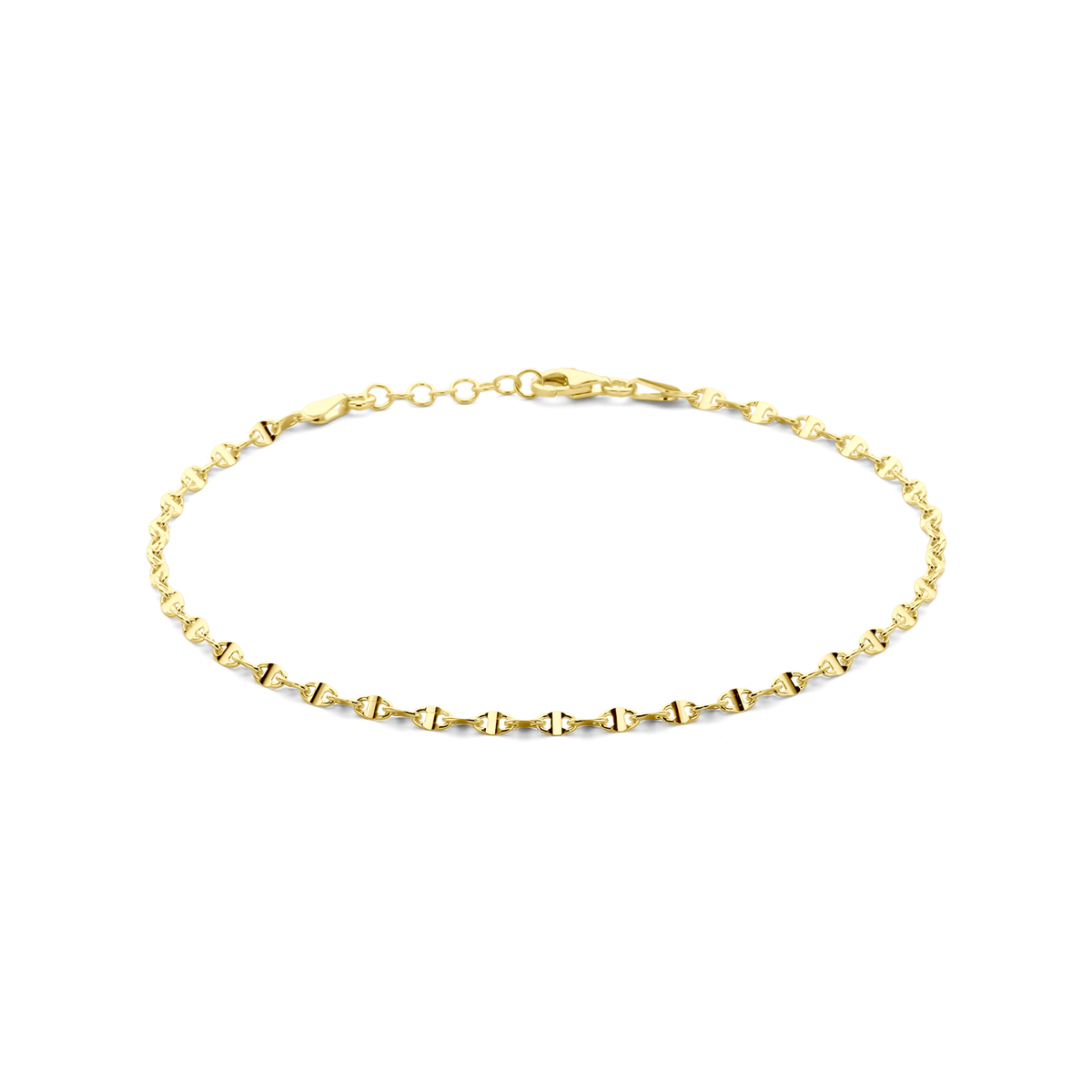 Verguld op 925 zilveren enkelbandje met een draaglengte van 24cm en een extensie van 2cm. De schakelbreedte is 2.8mm. Geen garantie op de plating.