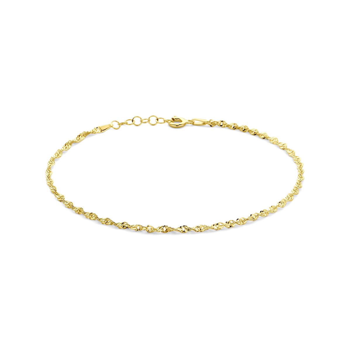 Verguld op 925 zilveren enkelbandje met een draaglengte van 24cm en een extensie van 2cm. De schakelbreedte is 2,3mm. Geen garantie op de plating.