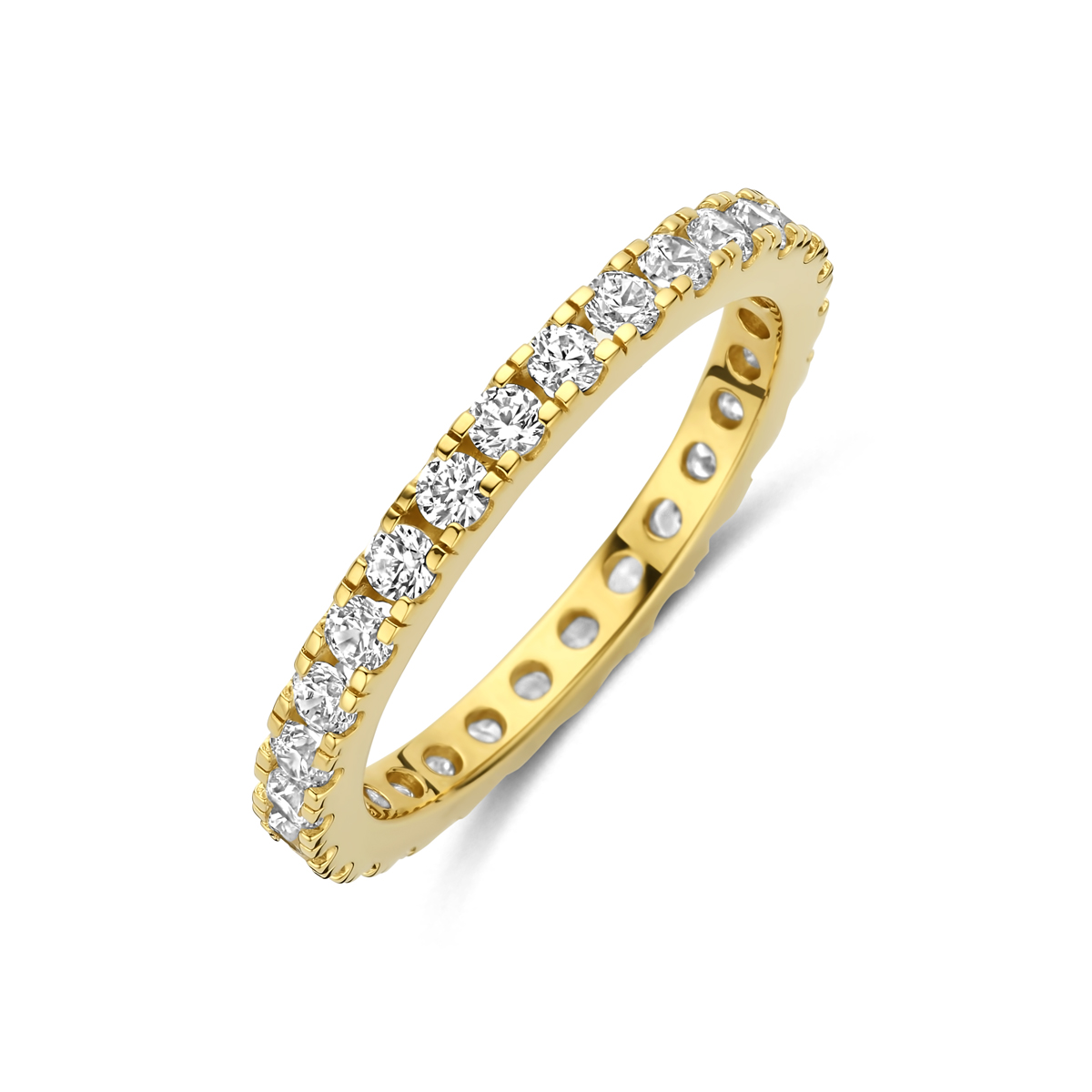 Verguld geel 925 zilveren ring uitgevoerd met zirkonia. De ring heeft een breedte van 2.2mm. Geen garantie op plating.