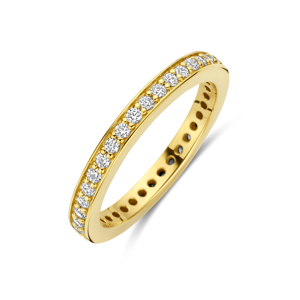 Verguld geel 925 zilveren ring uitgevoerd met zirkonia. De ring heeft een breedte van 2.5mm. Geen garantie op plating.