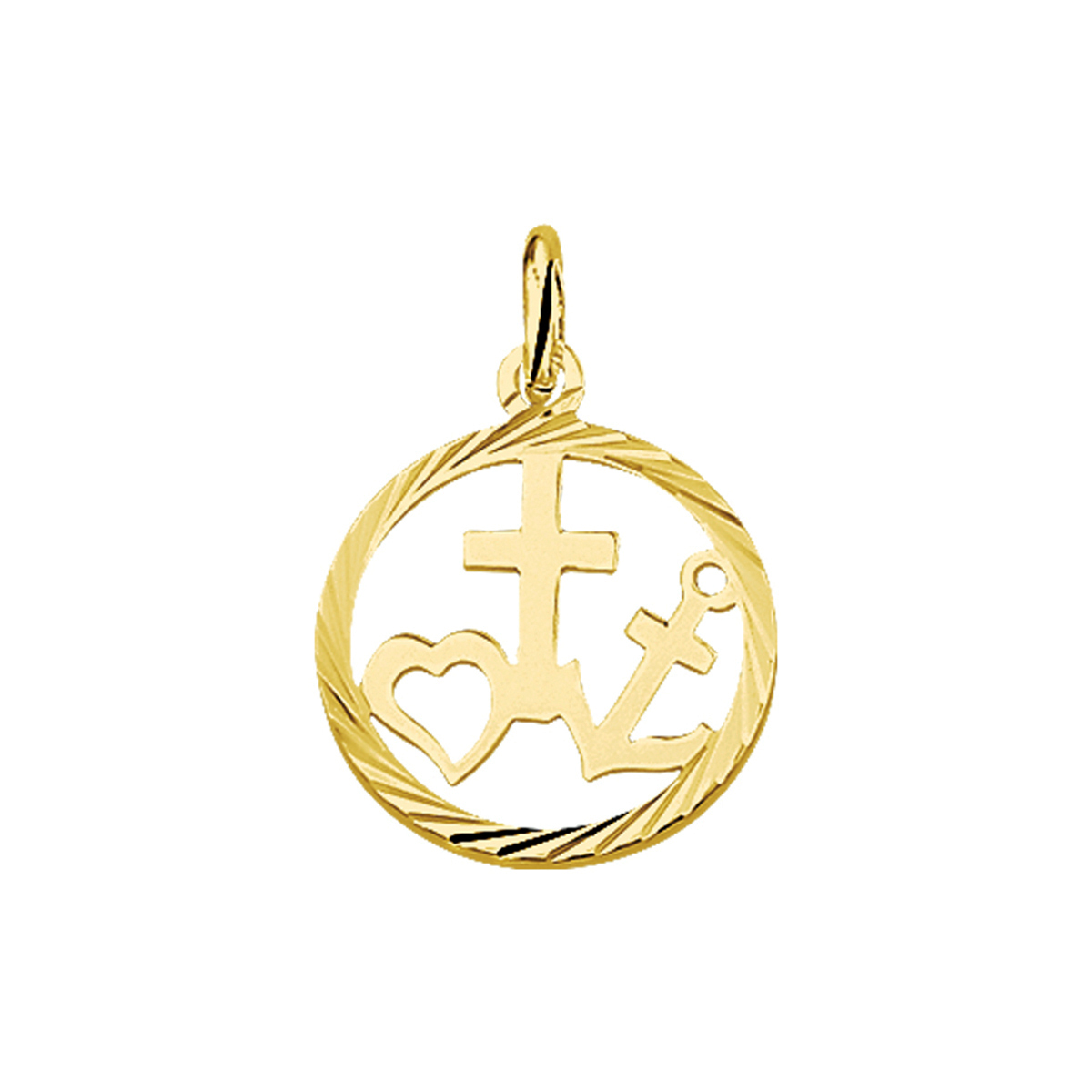 Geelgouden hanger met geloof hoop en liefde bedel en een gediamanteerde afwerking. 17mm.