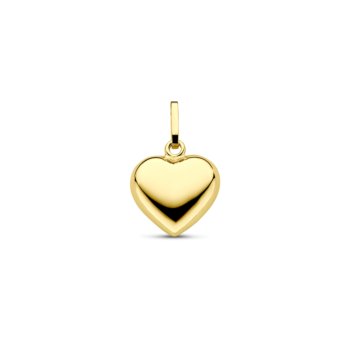 Geelgouden hanger met een hart uitgevoerd met een stevig hangoog. De hanger is ook verkrijgbaar in het wigoud.
