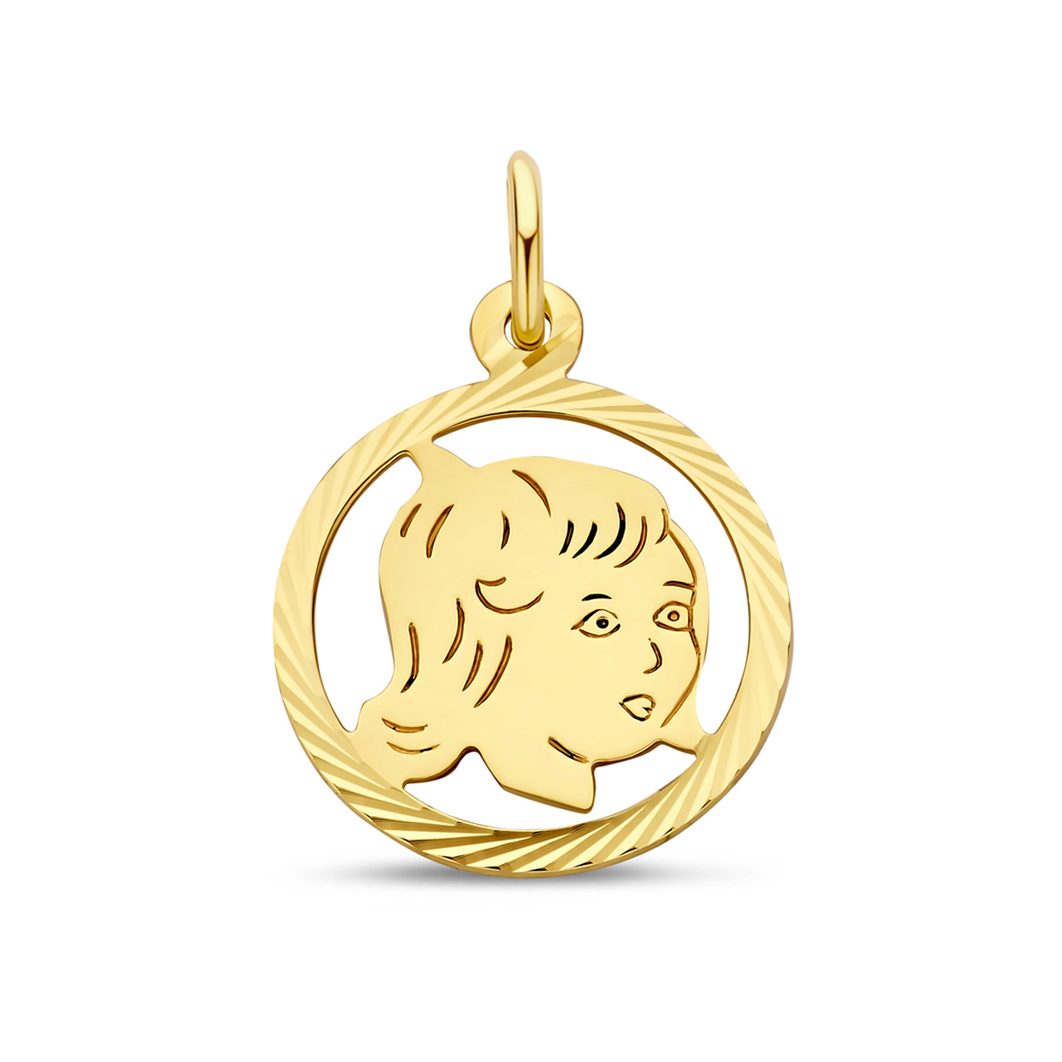 Geelgouden hanger met een kinderhoofdje en een gediamanteerde afwerking.