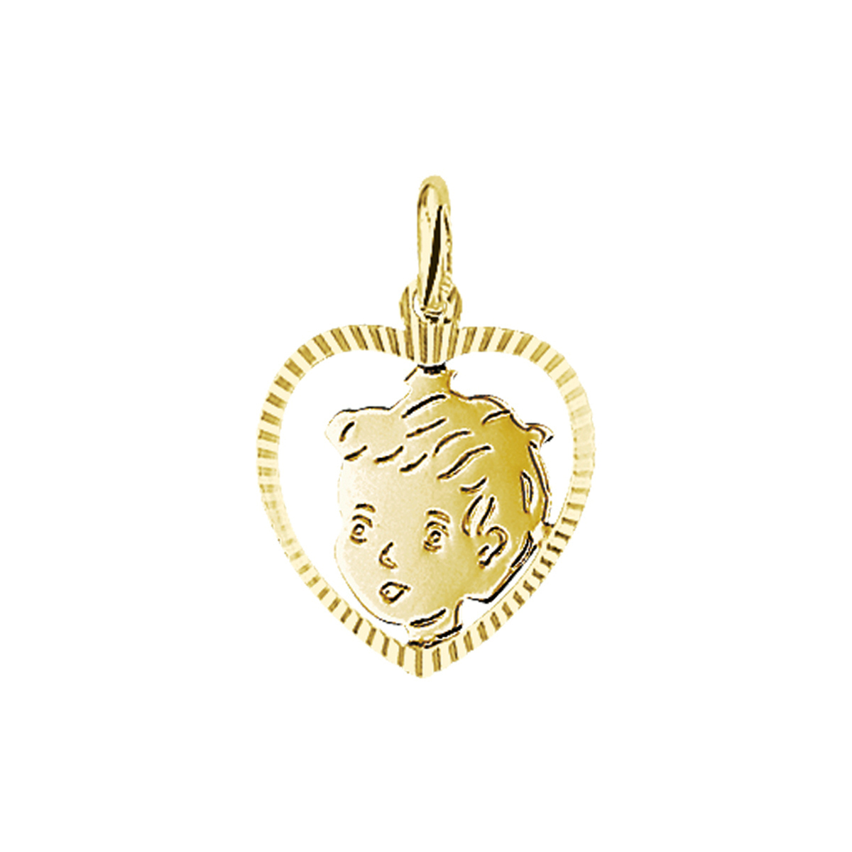 Geelgouden hanger met een kinderhoofdje en een gediamanteerde afwerking. 
Breedte: 16 mm
Hoogte: 19 mm