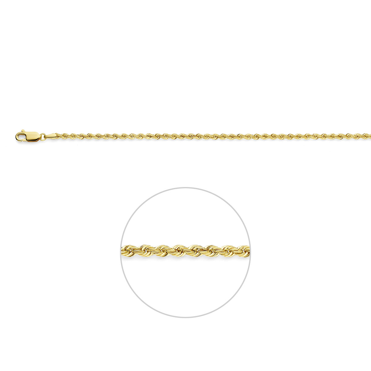 Geelgouden lengte artikel met koord schakel. De schakelbreedte is 2.7mm.