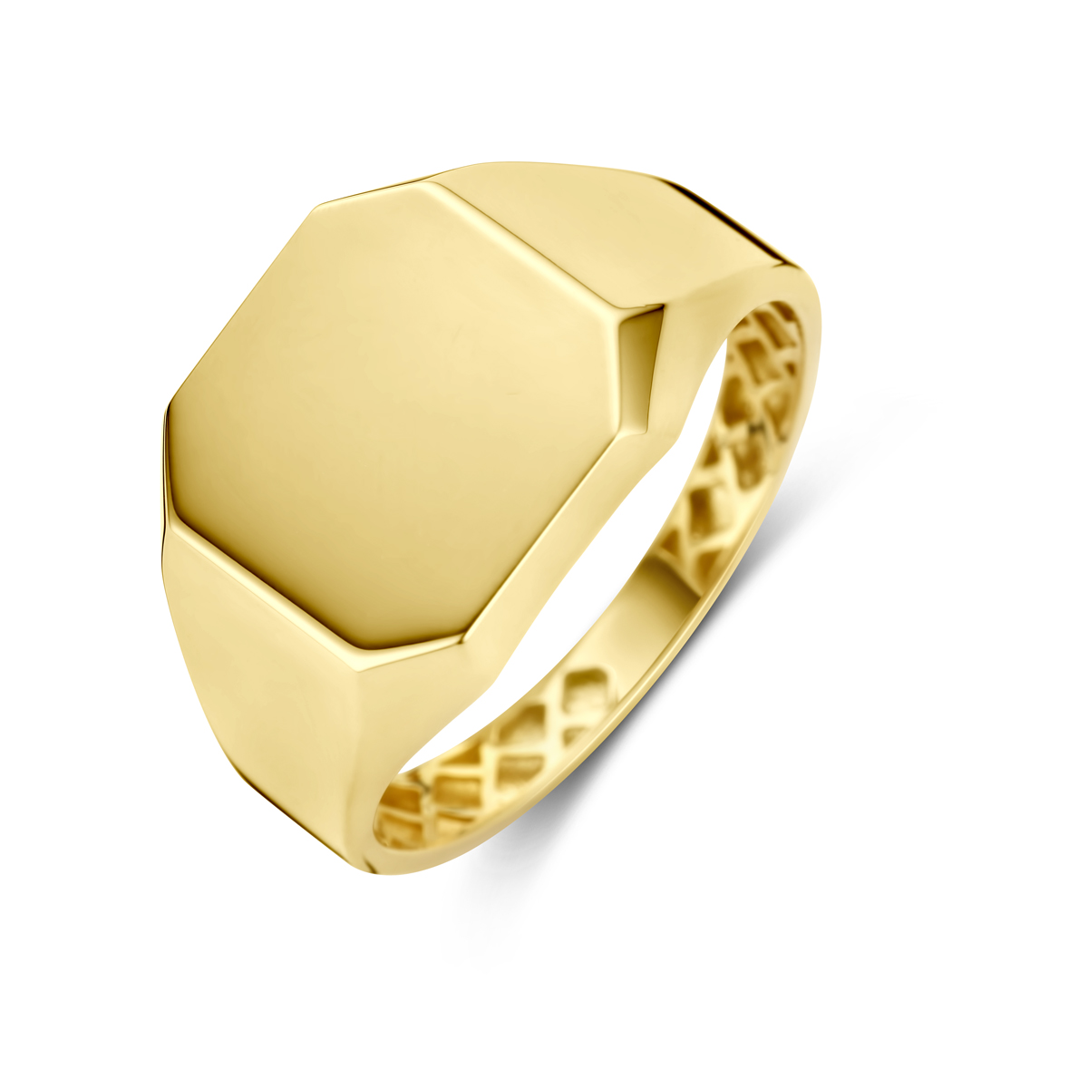 14k Geelgouden graveerring met een breedte van 12.5mm.