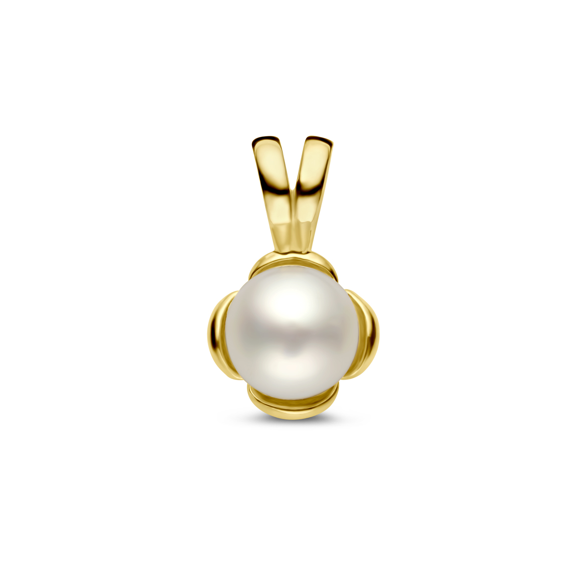 14k Geelgouden hanger uitgevoerd met een zoetwaterparel. De hanger heeft een totale hoogte van 10.5mm.