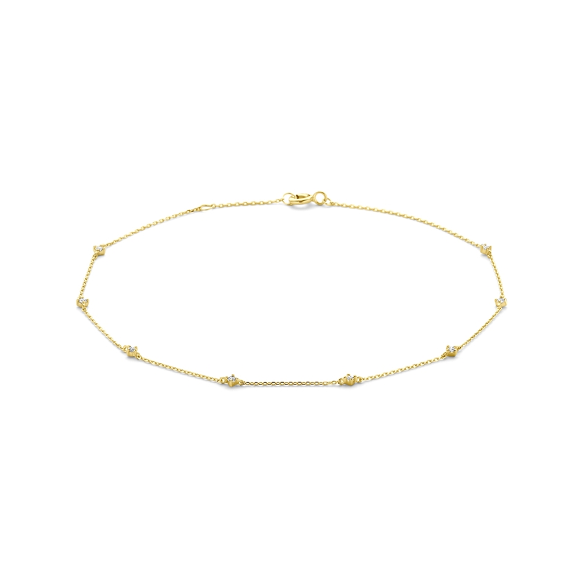 Geelgouden enkelbandje met 8 zirkonia's. 24-26cm