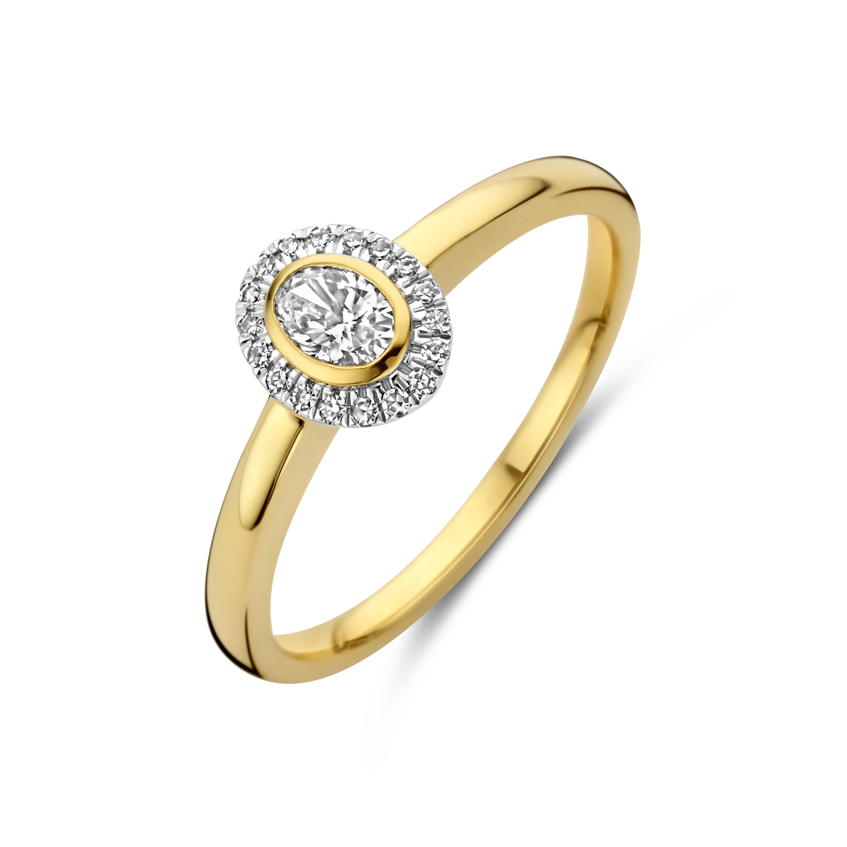 14k Geelgouden ring uitgevoerd met diamant. De ring heeft een breedte van 7.5mm. Het totale diamantgewicht is 0.25ct.