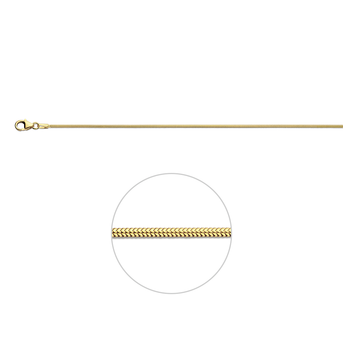 14k Geelgouden slang armband uitgevoerd met een karabijn sluiting. De armband heeft een draaglengte van 19cm en een extensie van 2cm. De schakelbreedte is 1.2mm.