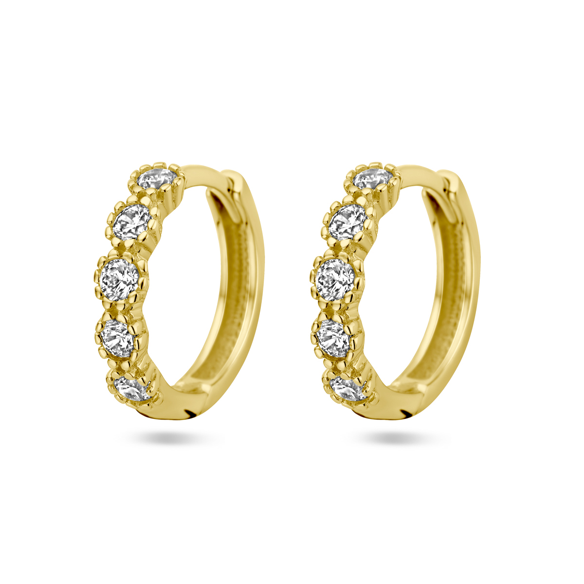14k Geelgouden klapoorringen uitgevoerd met zirkonia. De klapoorringen hebben een afmeting van 13x2.8mm.