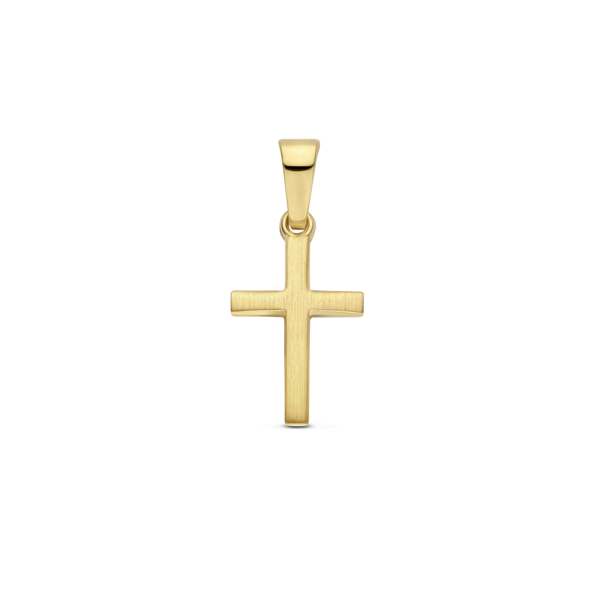 14k Geelgouden hanger in de vorm van een kruis. De hanger heeft een totale hoogte van 20mm en een afmeting van 13x9mm.