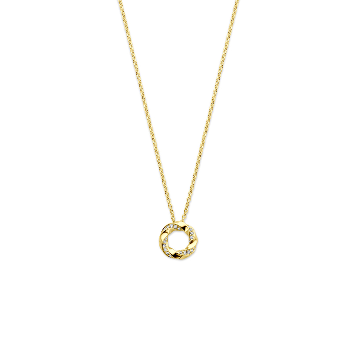 14k Geelgouden collier uitgevoerd met een diamant hanger. Het collier heeft draaglengtes van 40-42-44cm. Het totale diamantgewicht is 0.06ct.