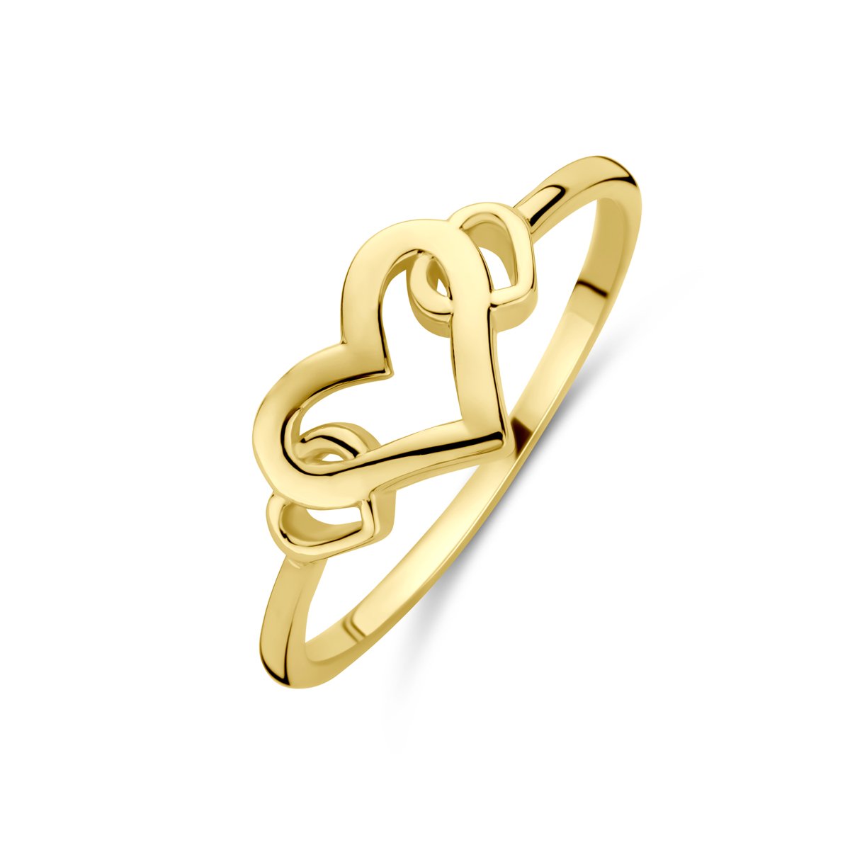 14k Geelgouden ring uitgevoerd met hartjes. De ring heeft een breedte van 7.5mm.