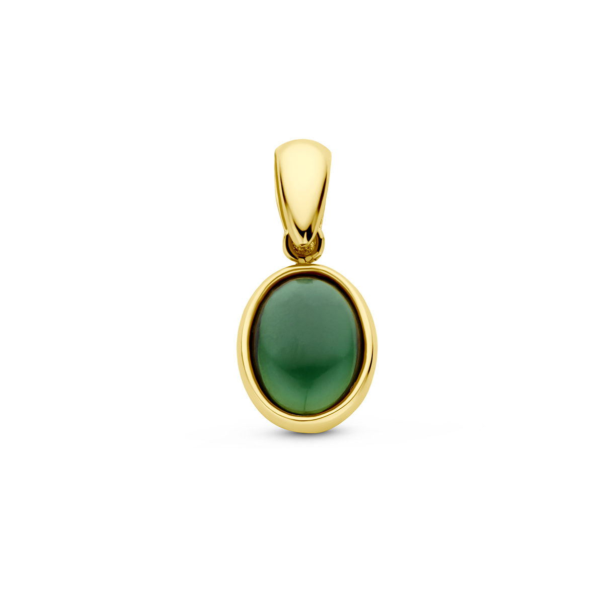 14k Geelgouden hanger uitgevoerd met groen toermalijn. De hanger heeft een totale hoogte van 16mm.