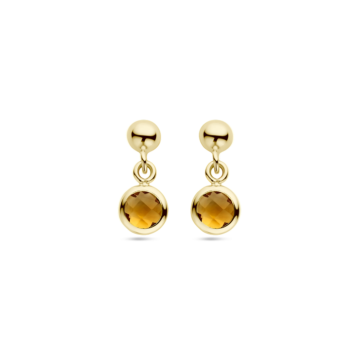 14k Geelgouden oorhangers uitgevoerd met citrien en een bolletje.