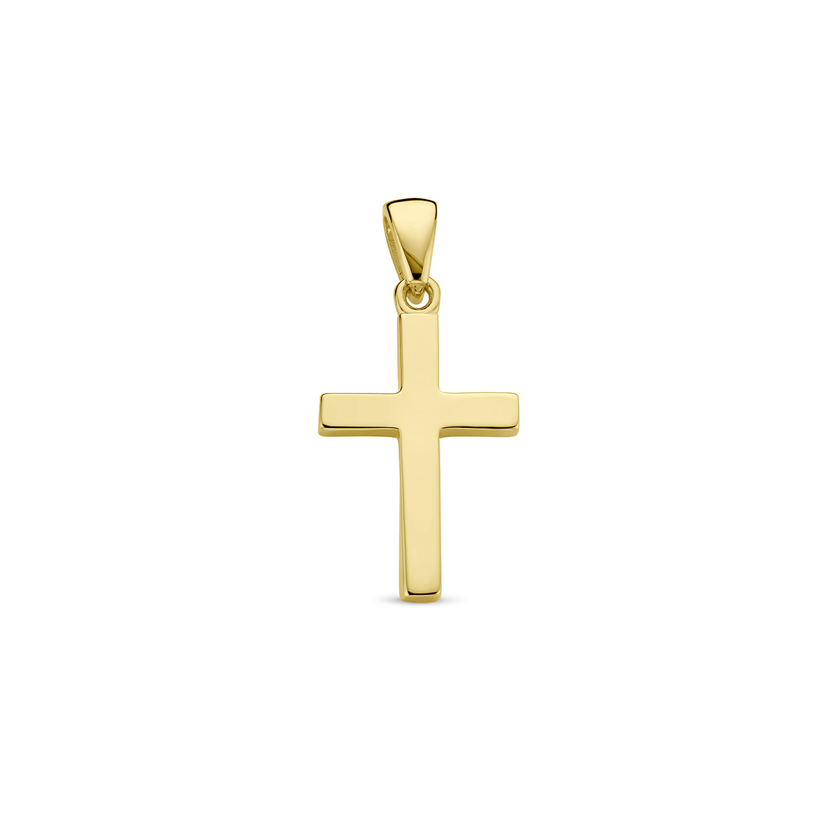 14k Geelgouden hanger in de vorm van een kruis. Het kruis heeft een afmeting van 18x12mm.