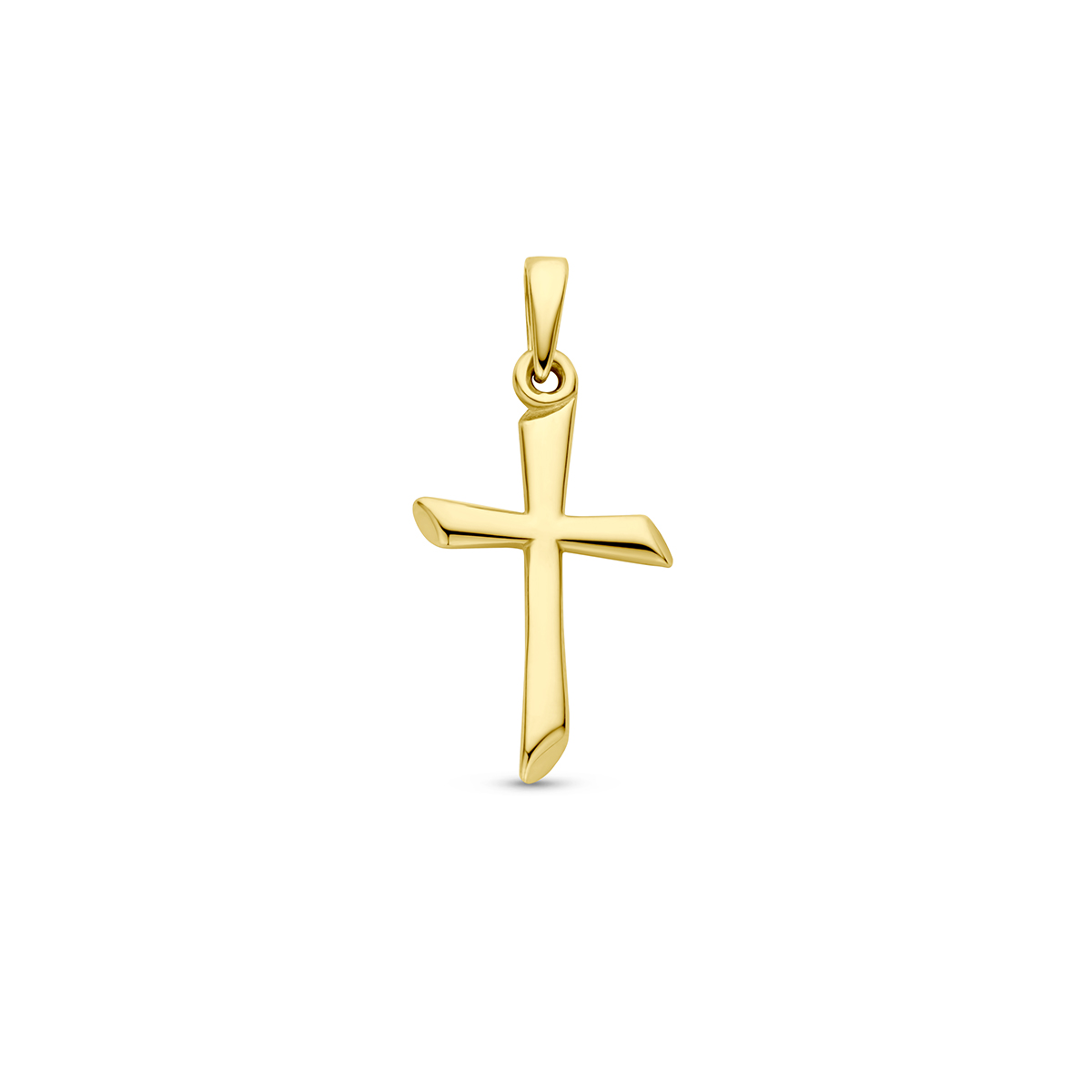14k Geelgouden hanger in de vorm van een kruis. Het kruis heeft een afmeting van 19x11mm.