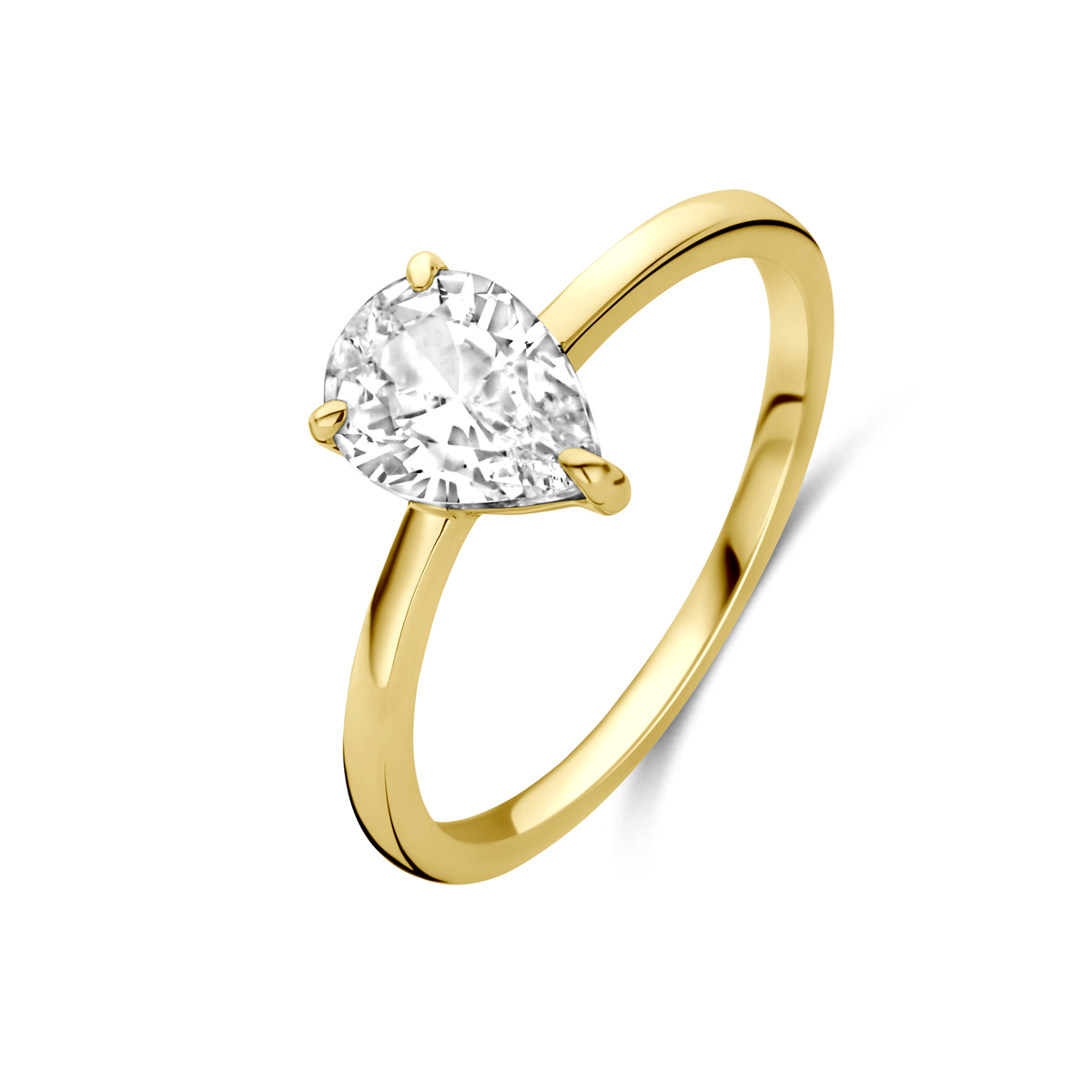 14k Geelgouden ring uitgevoerd met zirkonia. De steen heeft een afmeting van 8x6mm.