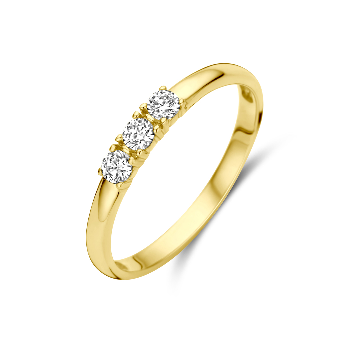 14k Geelgouden ring uitgevoerd met zirkonia. De ring heeft een breedte van 2.5mm.