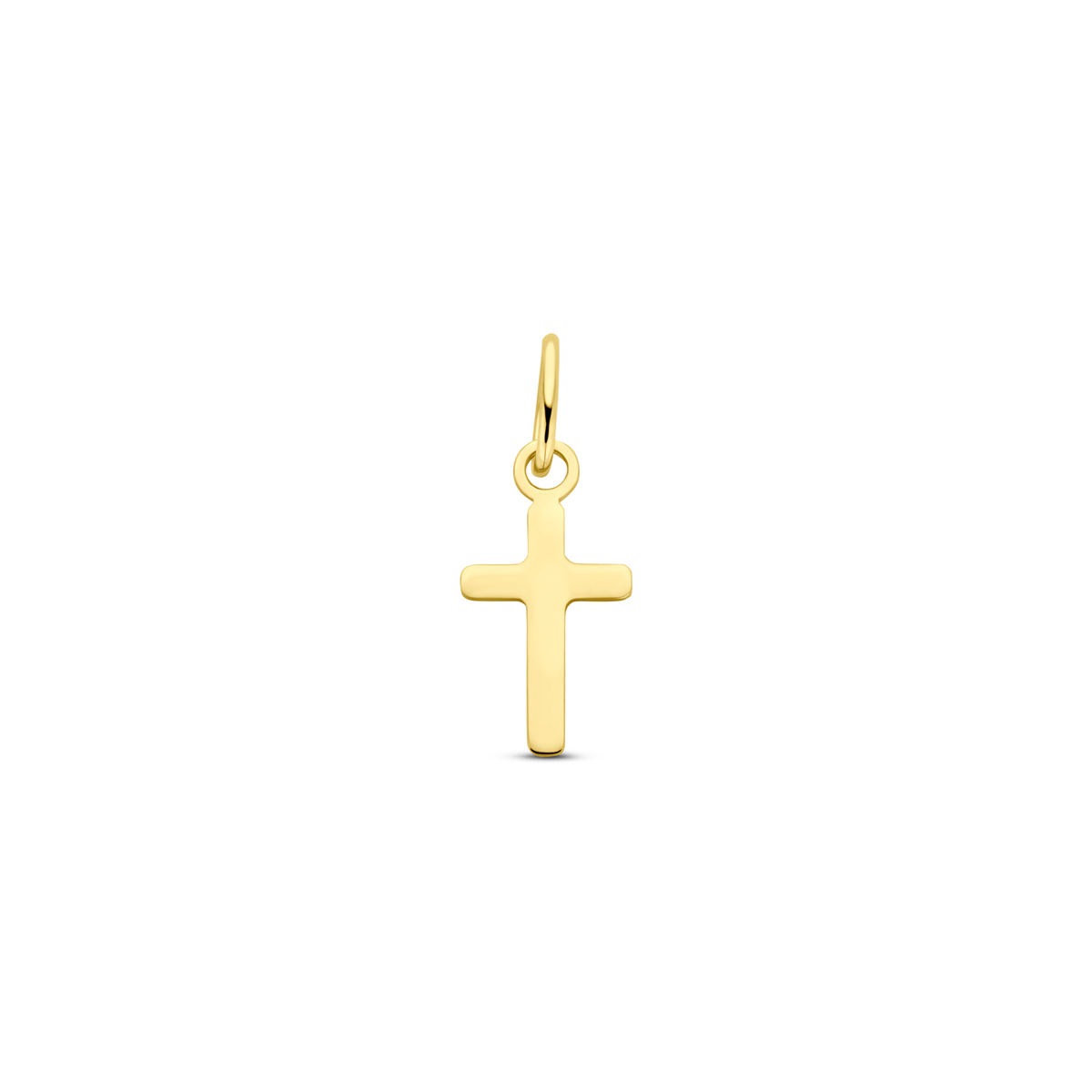 14k Geelgouden hanger uitgevoerd met een kruis. De hanger heeft een totale hoogte van 14mm.