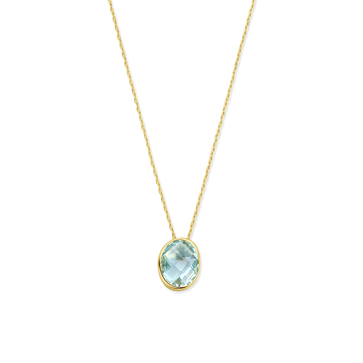 14k Geelgouden collier uitgevoerd met blauw topaas. Het collier heeft draaglengtes van 41-43-45cm. De schakelbreedte is 0,7mm. Uitgevoerd met een karabijnsluiting.