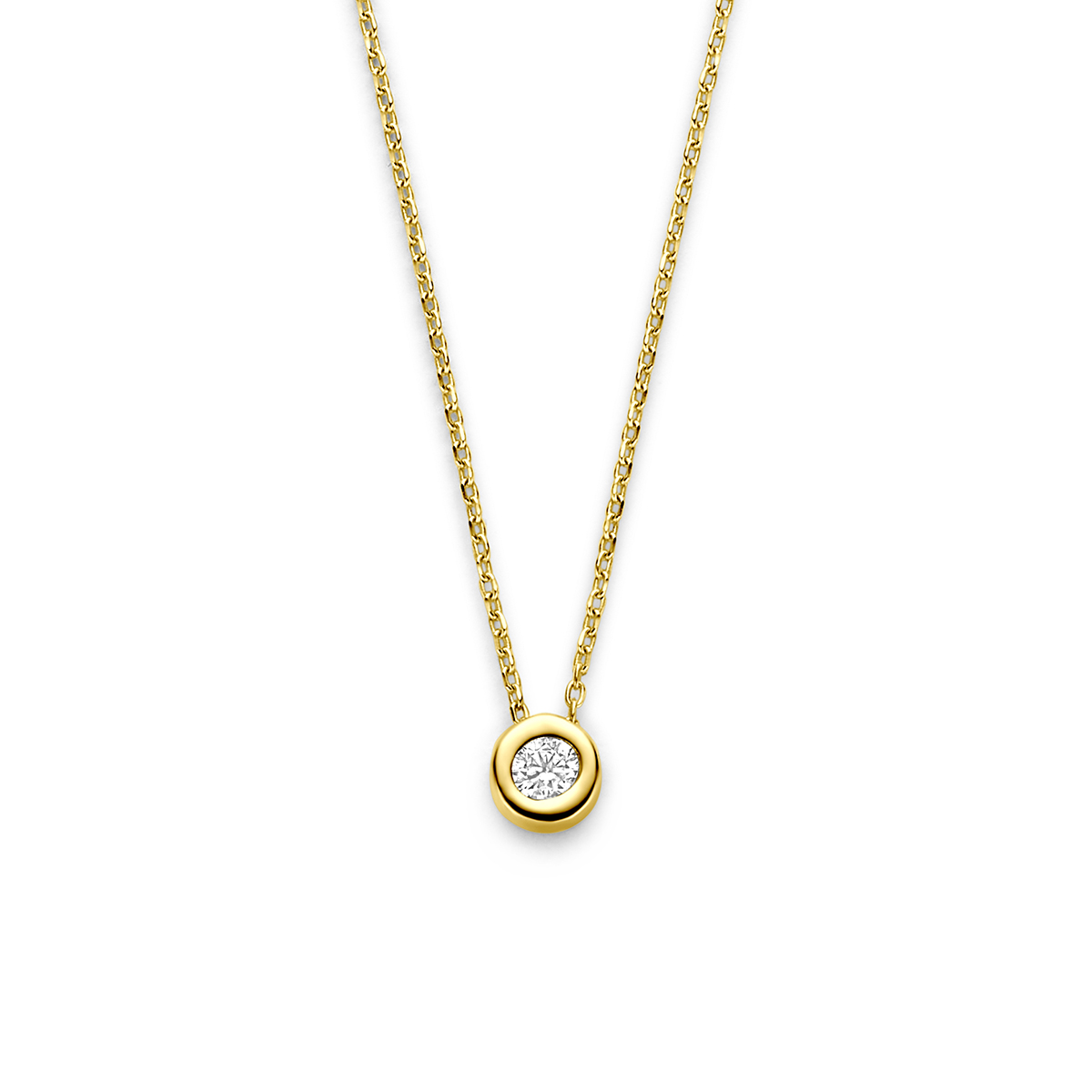 14k Geelgouden collier uitgevoerd met zirkonia. Het collier heeft draaglengtes van 41-43-45cm.