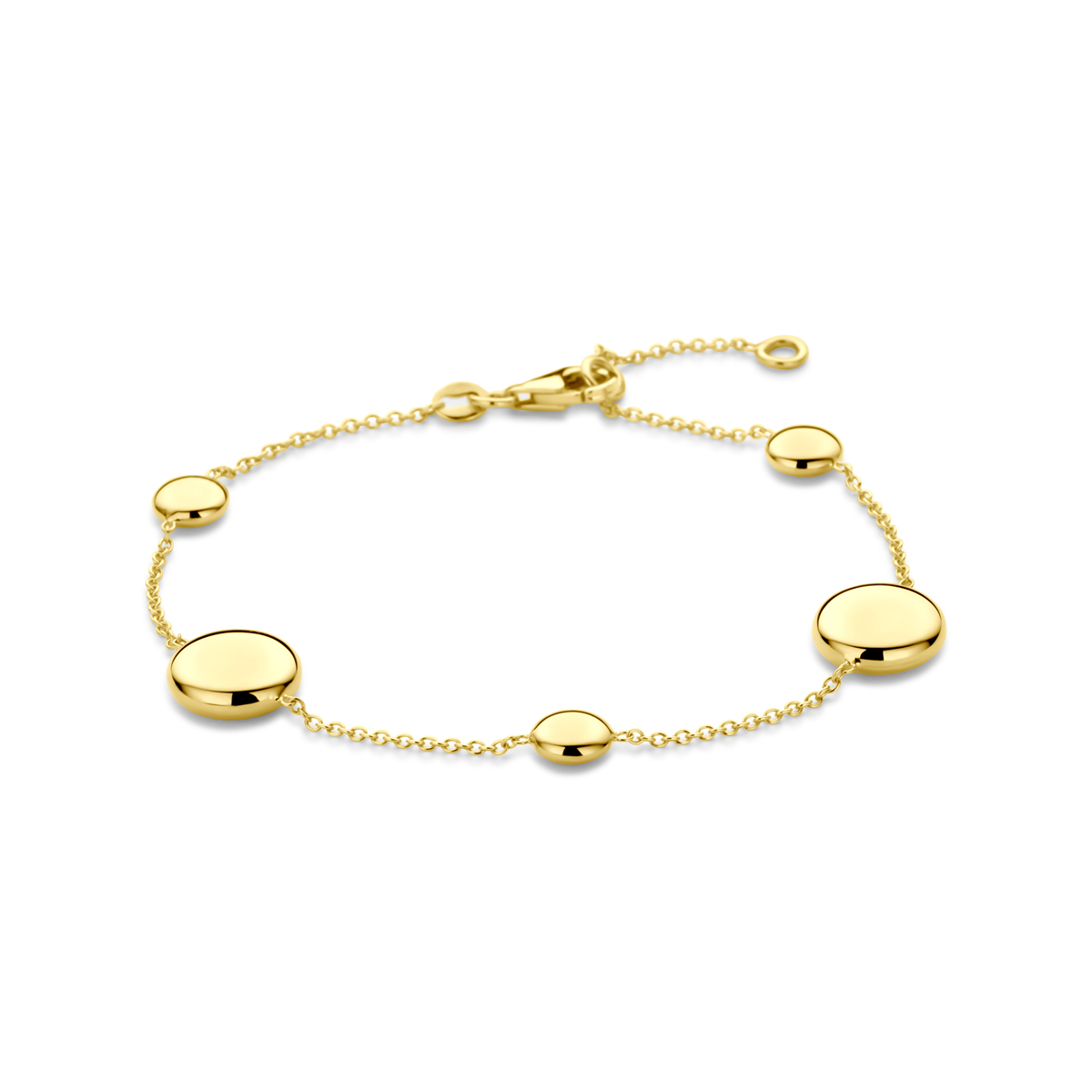14k Geelgouden armband met draaglengtes van 17-19cm. Uitgevoerd met karabijnsluiting.