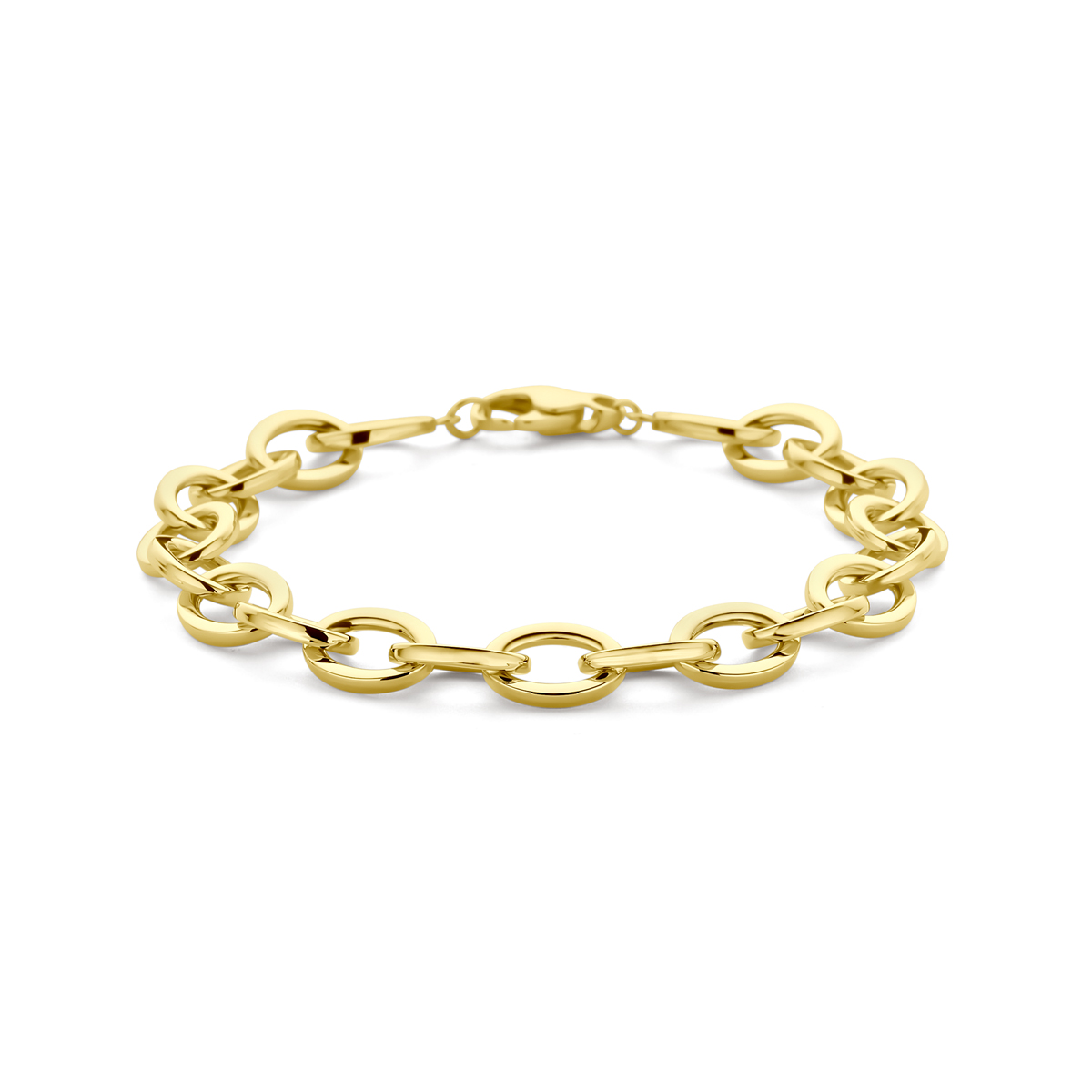 14k Geelgouden anker armband uitgevoerd met karabijn sluiting. De armband heeft een draaglengte van 19,5cm en een schakelbreedte van 9mm.