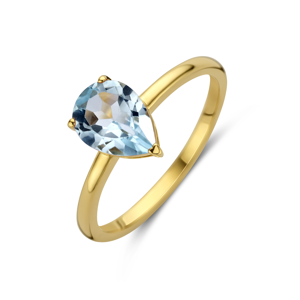 14k Geelgouden ring uitgevoerd met blauw topaas. De ring heeft een afmeting van 8.5x6mm.