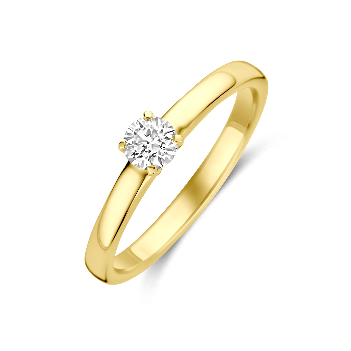 14k Geelgouden ring uitgevoerd met lab grown diamant. De steen heeft een diameter van 4mm. Het totale diamantgewicht is 0.25ct. Lab grown diamanten zijn diamanten die ontstaan in een laboratorium. Onder extreem hoge druk en temperatuur wordt het natuurlijk ontstaansproces nagebootst met als eindresultaat een diamant met dezelfde chemische eigenschappen maar met een andere oorsprong.