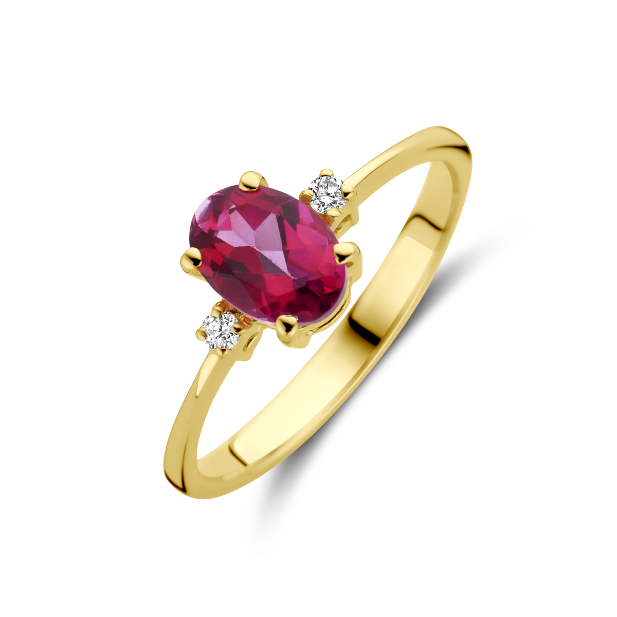 14k Geelgouden ring uitgevoerd met roze topaas en diamant. De ring heeft een afmeting van 7x5mm. Het diamantgewicht is 0.04ct.