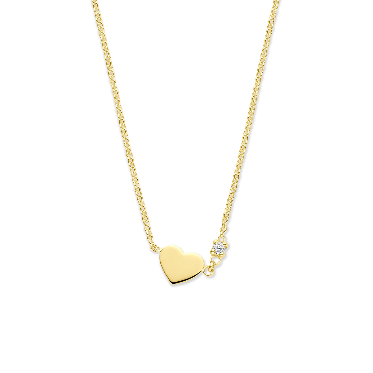 14k Geelgouden collier uitgevoerd met een hartje en diamant. Het collier heeft een draaglengte van 40cm met 4cm extensie. Het totale diamantgewicht is 0.02ct.