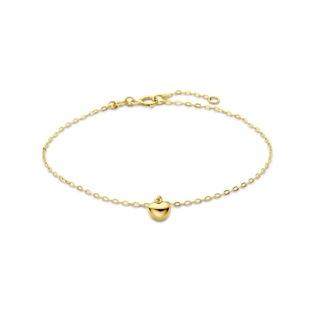 14k Geelgouden armband uitgevoerd met een hartje. De armband heeft draaglengtes van 16.5-18.5cm en een schakelbreedte van 1.1mm.