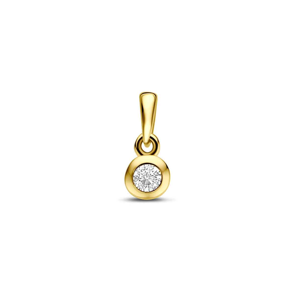 14k Geelgouden hanger uitgevoerd met zirkonia. De hanger heeft een totale hoogte van 11mm.