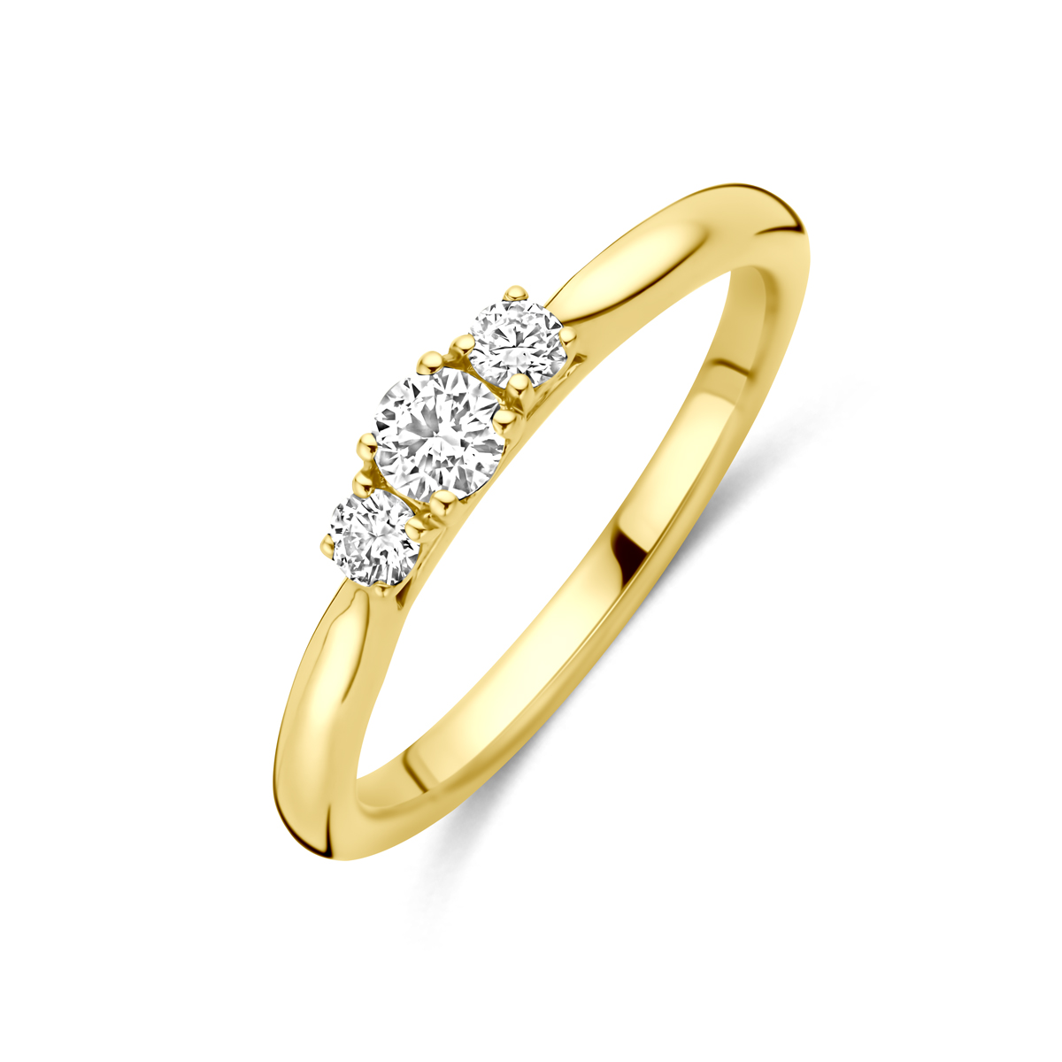 14k Geelgouden ring uitgevoerd met lab grown diamant met een totaal diamantgewicht 0.26ct. Lab grown diamanten zijn diamanten die ontstaan in een laboratorium. Onder extreem hoge druk en temperatuur wordt het natuurlijk ontstaansproces nagebootst met als eindresultaat een diamant met dezelfde chemische eigenschappen maar met een andere oorsprong.