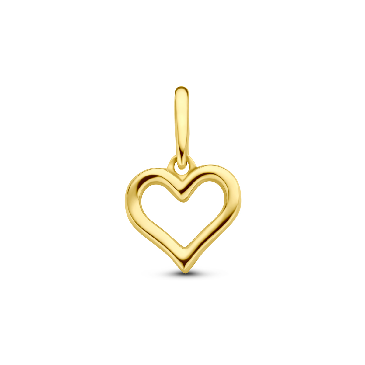 14k Geelgouden hanger uitgevoerd met een hart. De hanger heeft een  totale hoogte van 13.5mm.