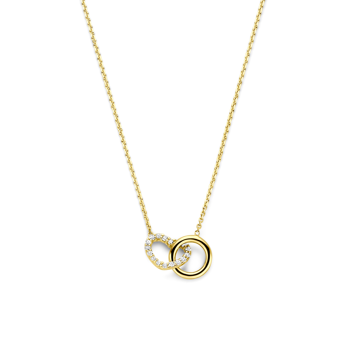 4k Geelgouden collier met hartje uitgevoerd met zirkonia en karabijnsluiting. Het collier heeft draaglengtes van 40-42-44cm.