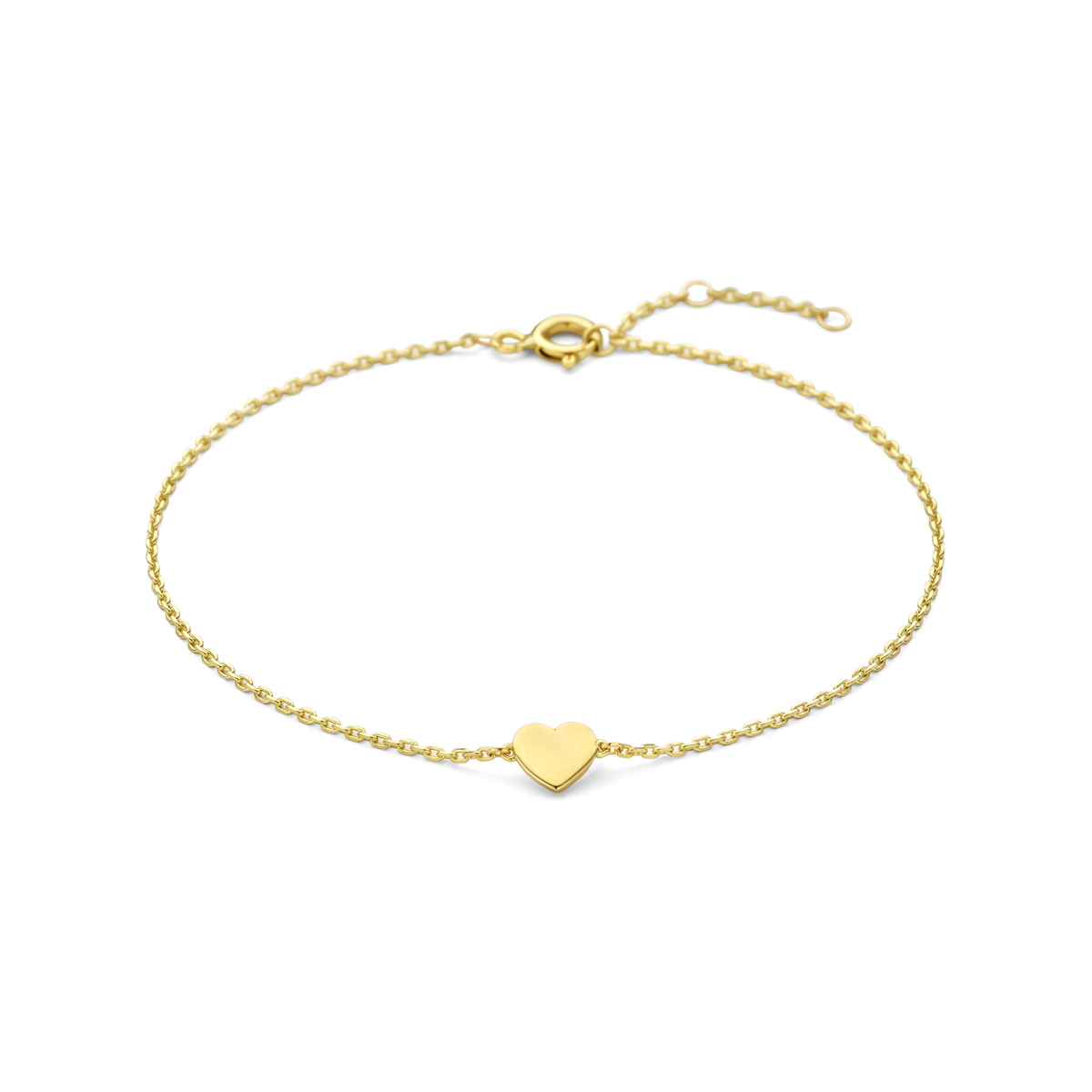 14k Geelgouden armband uitgevoerd met een hartje. De armband heeft draaglengtes van 16.5-17.5-18.5cm en een schakelbreedte van 1mm.