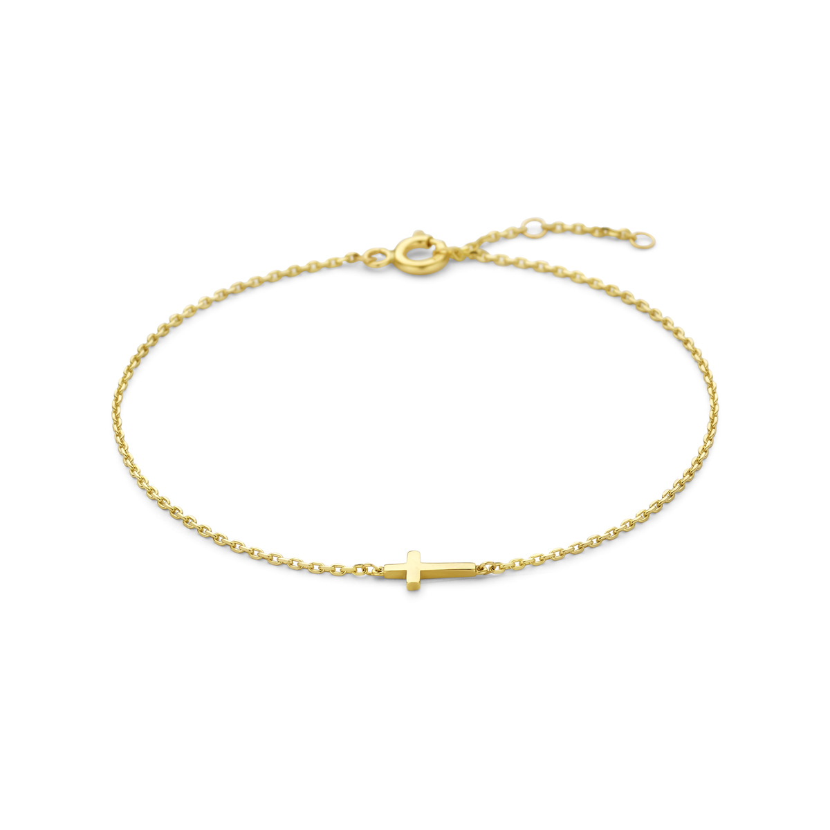 14k Geelgouden armband uitgevoerd met een kruis. De armband heeft draaglengtes van 16.5-17.5-18.5cm en een schakelbreedte van 1mm.