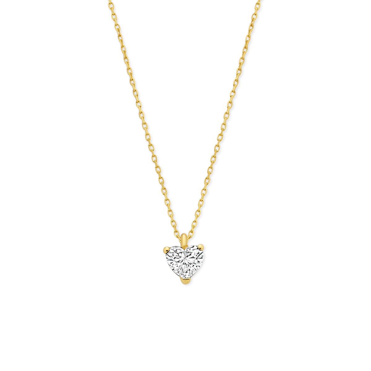 14k Geelgouden collier uitgevoerd met een hartje lab grown diamant. Het collier heeft draaglengtes van 41-43-45cm en een schakelbreedte van 0.7mm. Uitgevoerd met een karabijnsluiting.&nbsp;Onder extreem hoge druk en temperatuur wordt het natuurlijk ontstaansproces nagebootst met als eindresultaat een diamant met dezelfde chemische eigenschappen maar met een andere oorsprong.