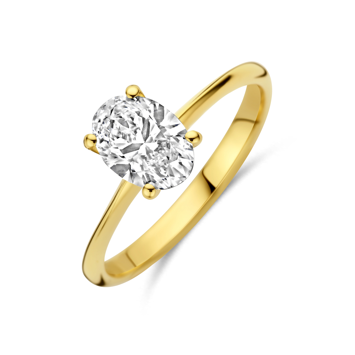 Geelgouden ring 14 kt uitgevoerd met lab grown diamant. De ring heeft een afmeting van 8x5.5mm. Het totale diamantgewicht is 1.00ct. Onder extreem hoge druk en temperatuur wordt het natuurlijk ontstaansproces nagebootst met als eindresultaat een diamant met dezelfde chemische eigenschappen maar met een andere oorsprong.Dit artikel wordt geleverd met certificaat van de labgrown diamant.