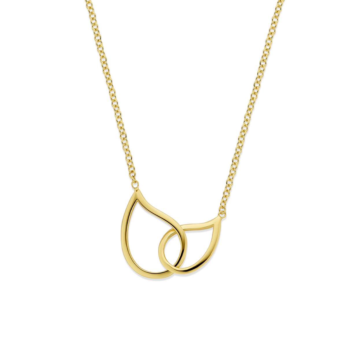 14k Geelgouden collier uitgevoerd met twee hangers in de vorm van een druppel. Het collier heeft een schakelbreedte van 1,5 mm en een draaglengte van 45cm. Uitgevoerd met een karabijnsluiting.