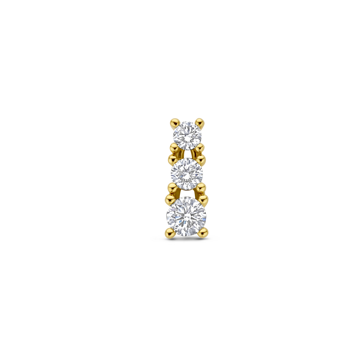 14k Geelgouden hanger uitgevoerd met lab grown diamant. De hanger heeft een afmeting van 12.5x4,5mm. Het totale diamantgewicht is 0.50ct. Onder extreem hoge druk en temperatuur wordt het natuurlijk ontstaansproces nagebootst met als eindresultaat een diamant met dezelfde chemische eigenschappen maar met een andere oorsprong.