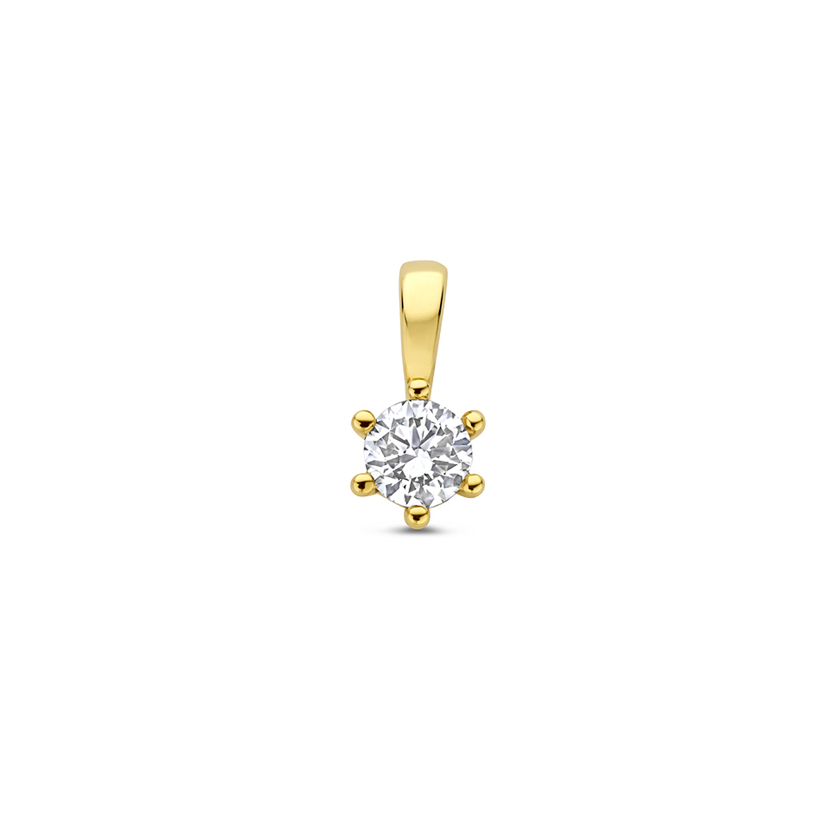 14k Geelgouden hanger uitgevoerd met lab grown diamant. De hanger heeft een afmeting van 10x5mm. Het totale diamantgewicht is 0.25ct. Onder extreem hoge druk en temperatuur wordt het natuurlijk ontstaansproces nagebootst met als eindresultaat een diamant met dezelfde chemische eigenschappen maar met een andere oorsprong.
