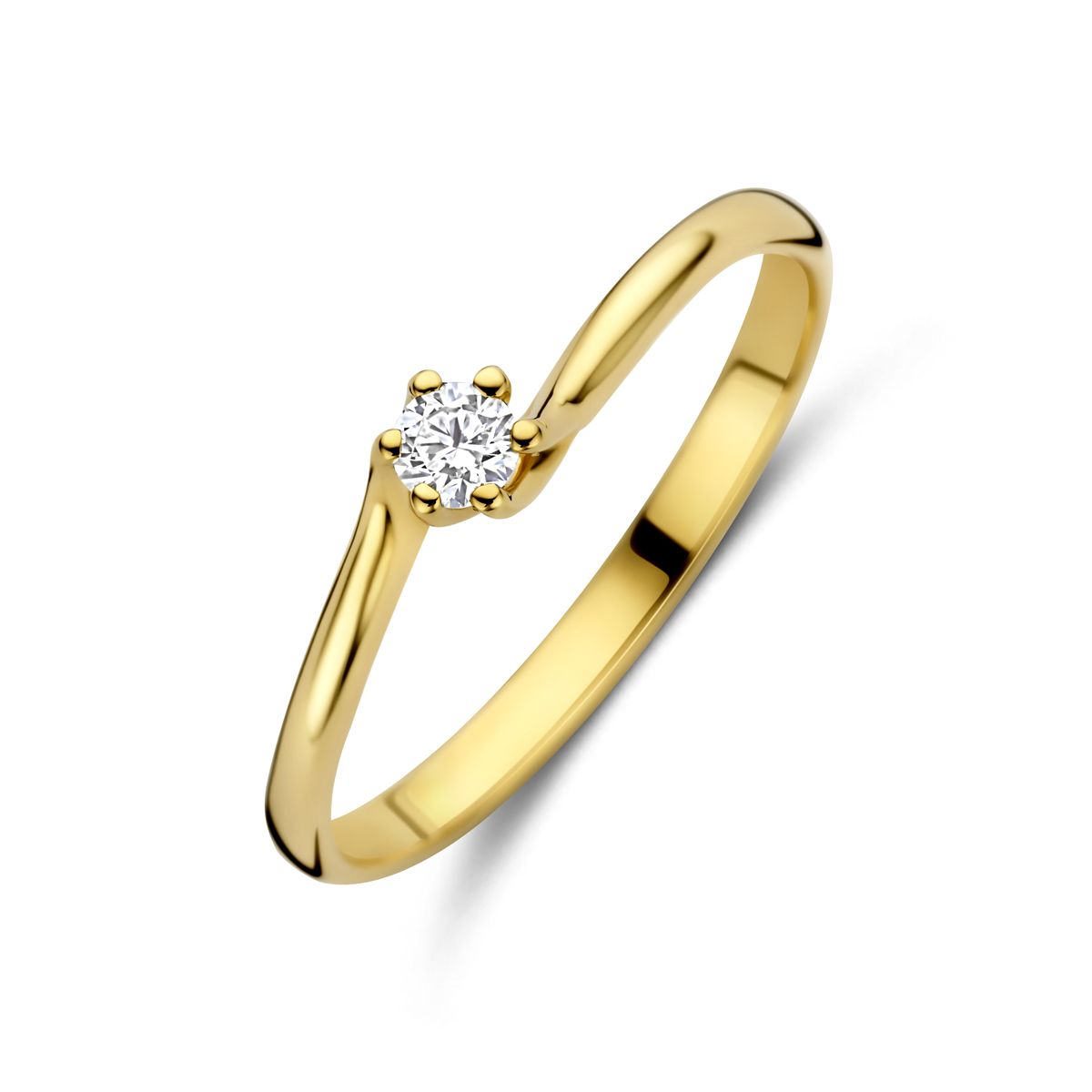 14k Geelgouden ring uitgevoerd met lab grown diamant. De ring heeft een breedte van 3.5mm. Het totale diamantgewicht is 0.10ct. Onder extreem hoge druk en temperatuur wordt het natuurlijk ontstaansproces nagebootst met als eindresultaat een diamant met dezelfde chemische eigenschappen maar met een andere oorsprong.
