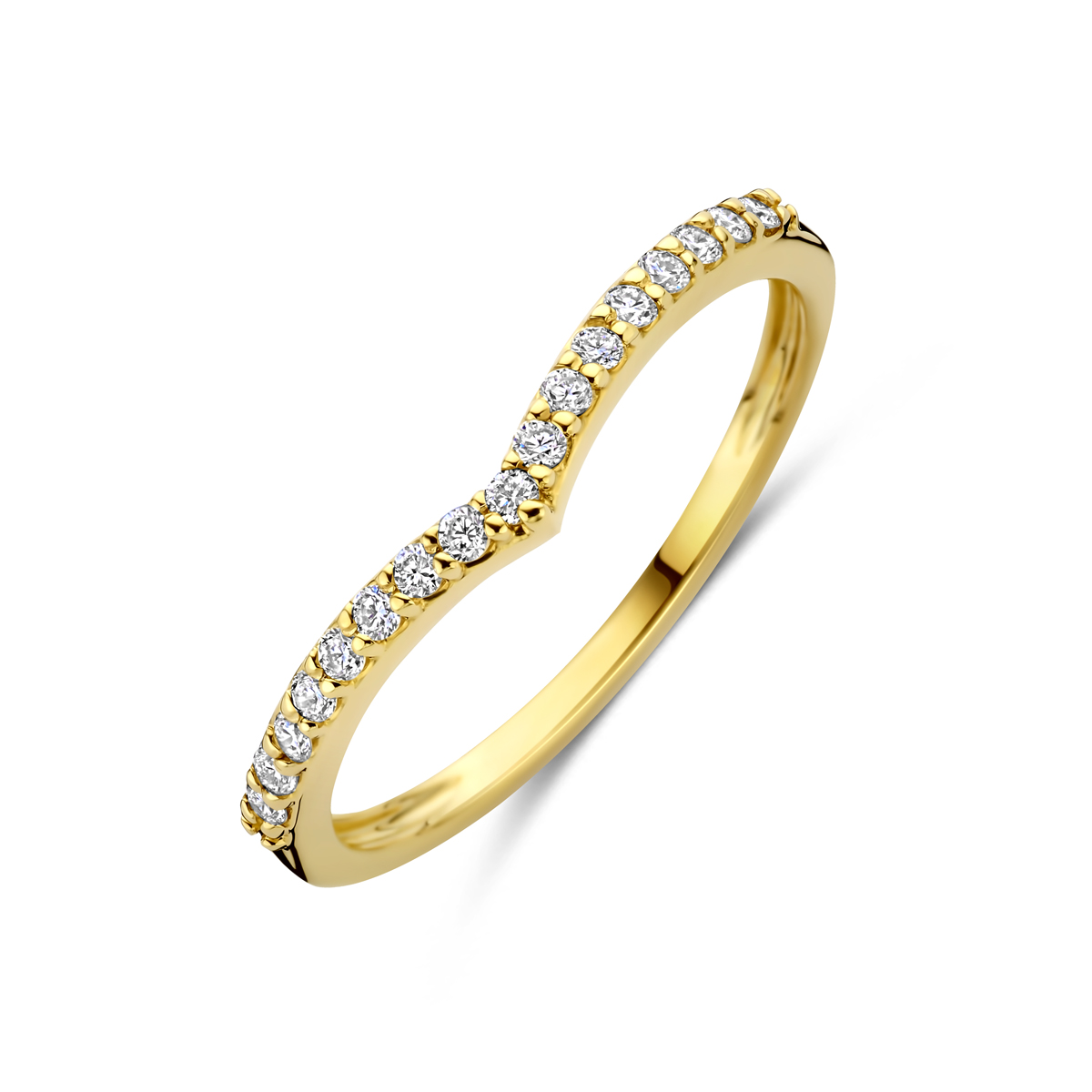 14k Geelgouden ring uitgevoerd met lab grown diamant. Het totale diamantgewicht van de ring is 0.17ct.&nbsp;Lab grown diamanten zijn diamanten die ontstaan in een laboratorium. Onder extreem hoge druk en temperatuur wordt het natuurlijk ontstaansproces nagebootst met als eindresultaat een diamant met dezelfde chemische eigenschappen maar met een andere oorsprong.